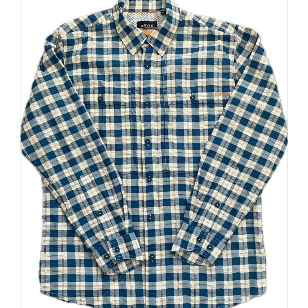 Orvis Men’s Button Up Long Sleeve Shirt Blue/White/Red Plaid Poly blend M - EUC